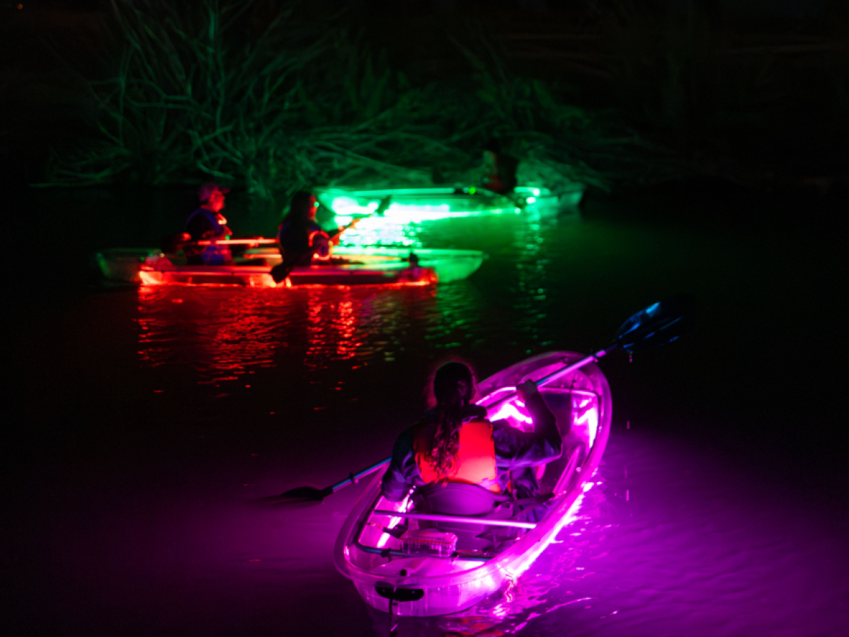 a boat that is lit up at night
