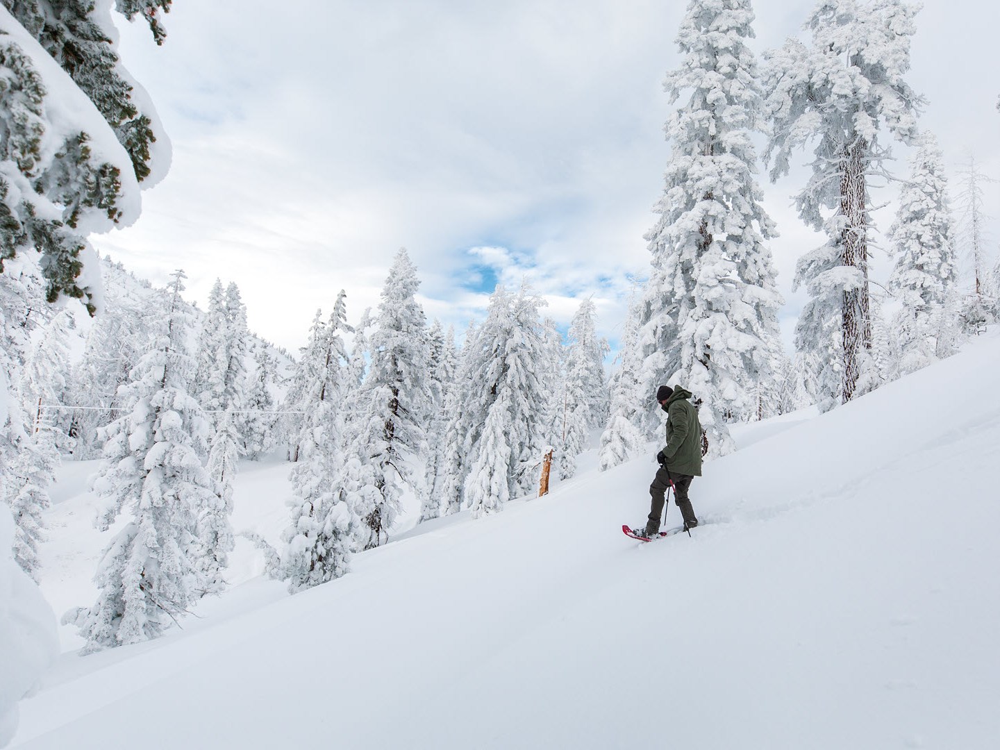 a man riding skis down a snow covered slope