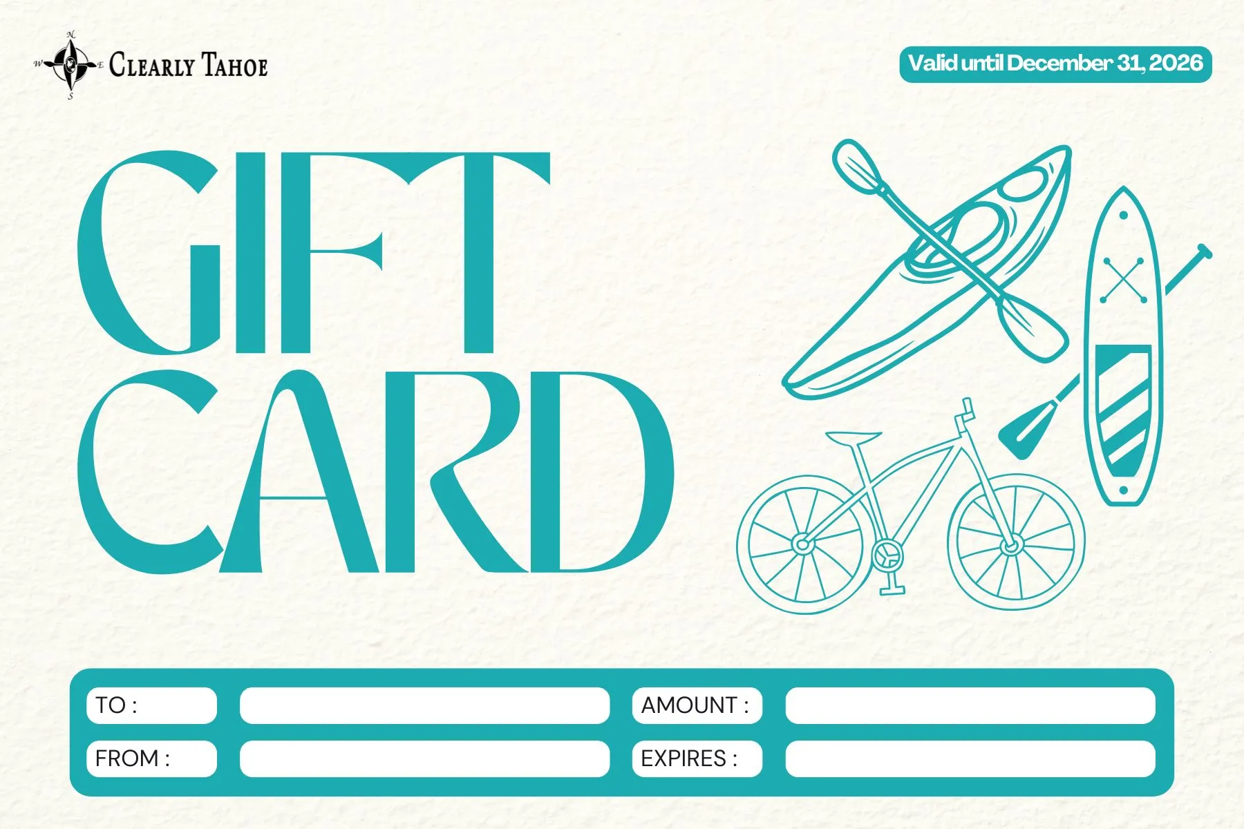 Gift card design with kayak, paddleboard, and bicycle illustrations, valid until December 31, 2026.