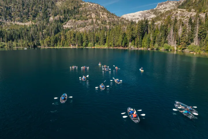 Groups of kayakers paddle on a lake surrounded by mountains and forest.
