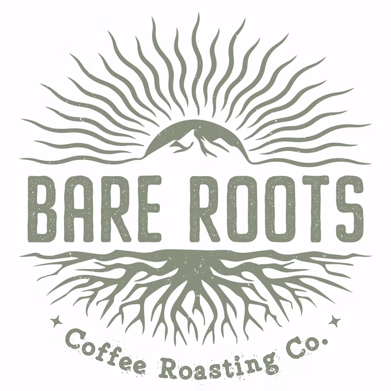 Bare Roots Coffee Roasting Co. logo with sun and roots design.