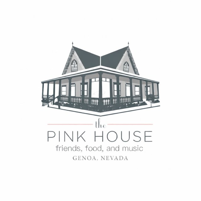 Logo of a Victorian-style house with text: The Pink House, friends, food, and music, Genoa, Nevada.