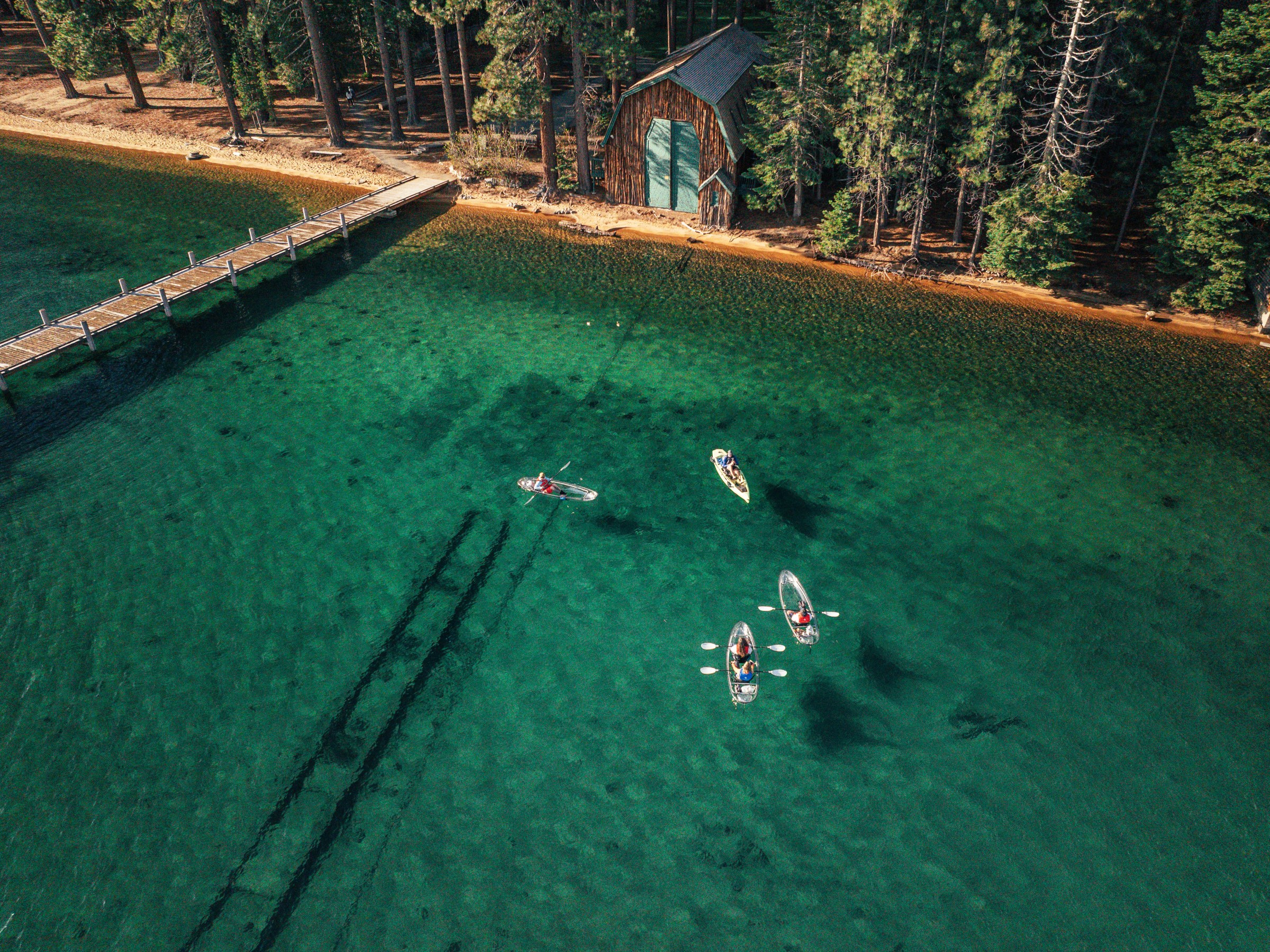 Bird's-eye view of kayakers on clear lake near dock and forested shore.