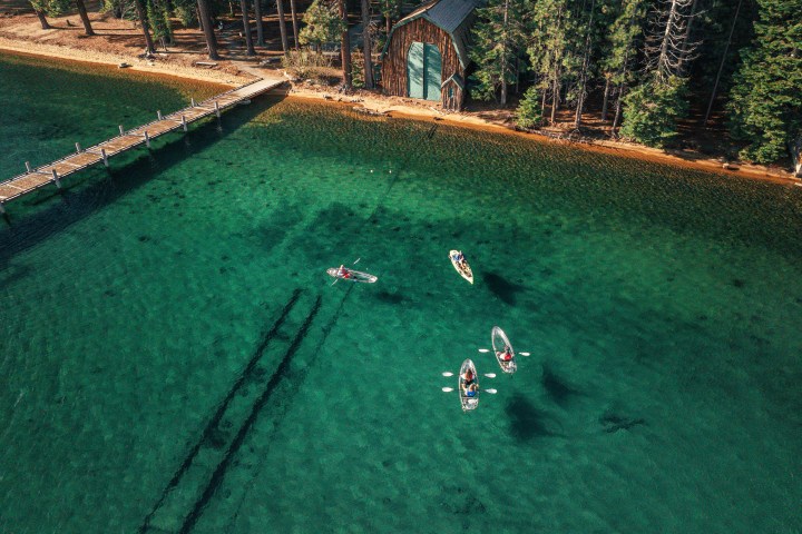 Bird's-eye view of kayakers on clear lake near dock and forested shore.