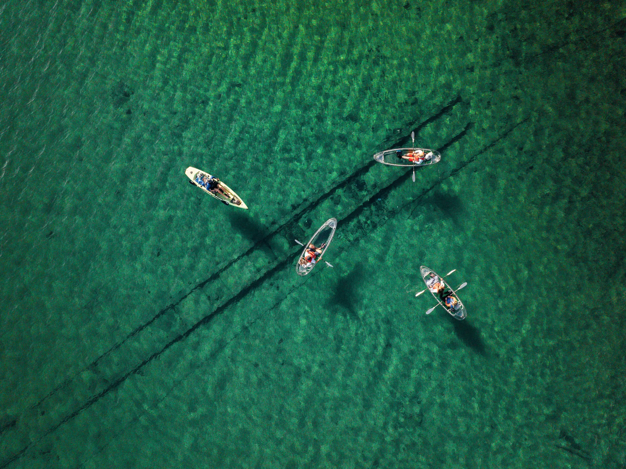 Four kayaks with people on clear green water viewed from above.