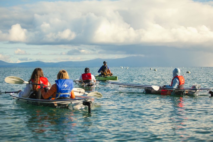 Group kayaking on calm sea under cloudy sky.