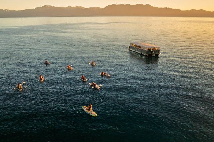 Groups of kayakers on a lake near a dock at sunset.
