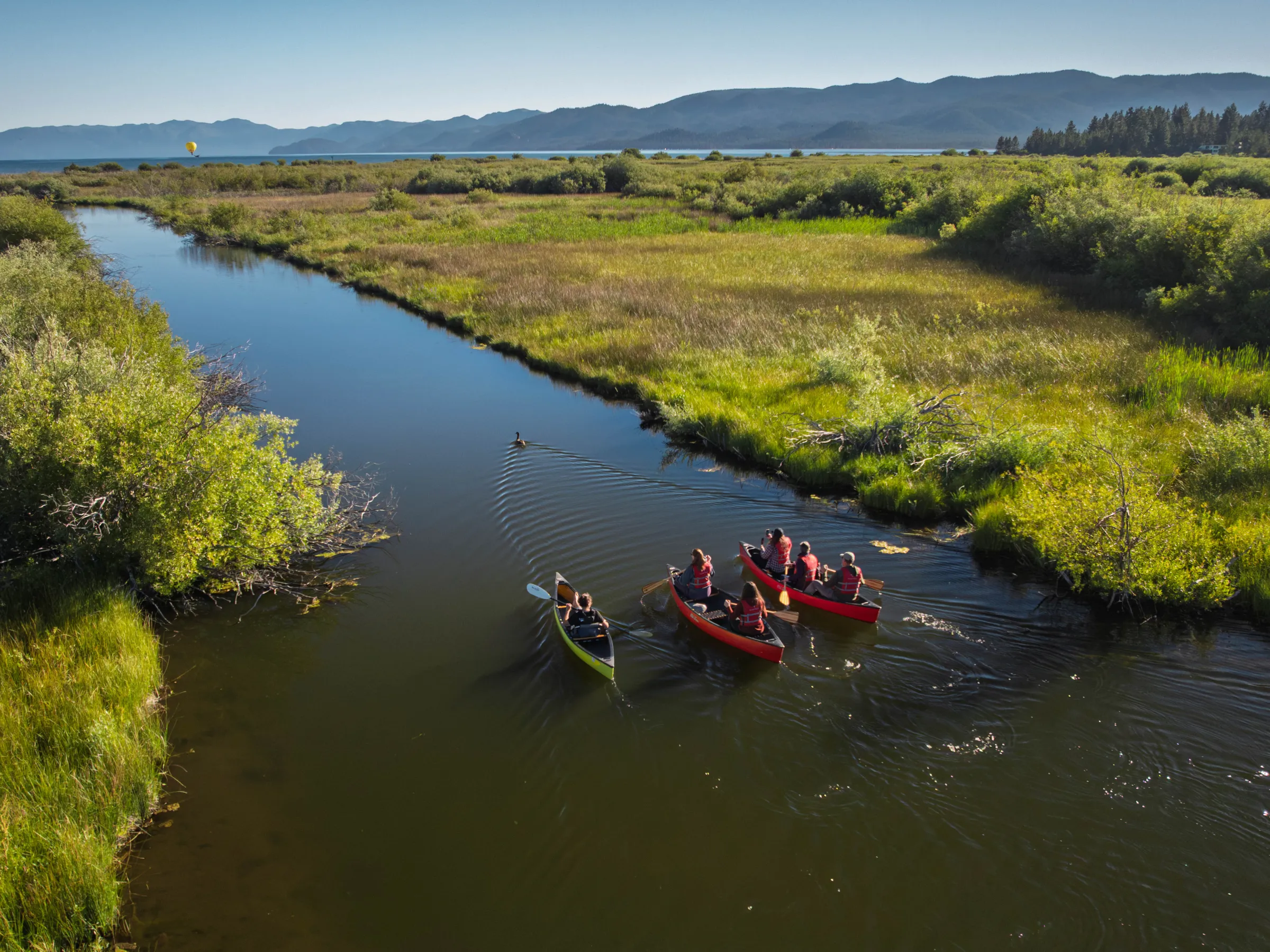 Two canoes with people paddling in a narrow river surrounded by lush greenery and distant mountains.
