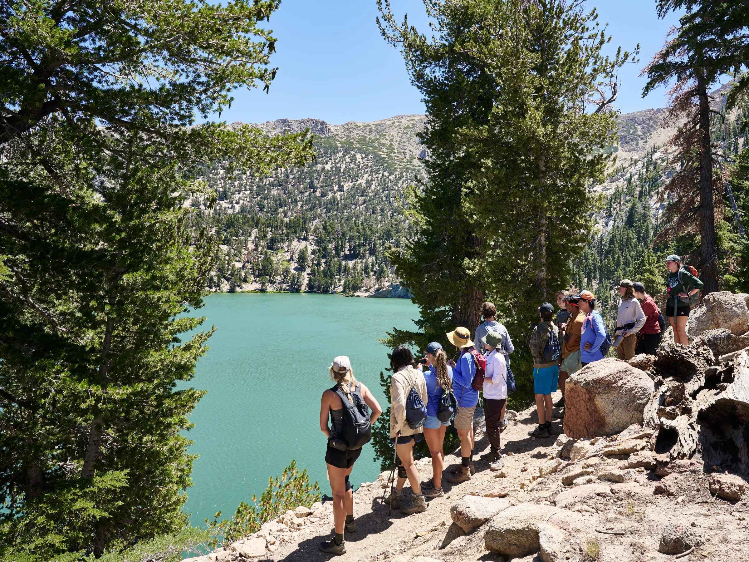 Group of hikers overlooking a turquoise lake surrounded by trees and mountains.