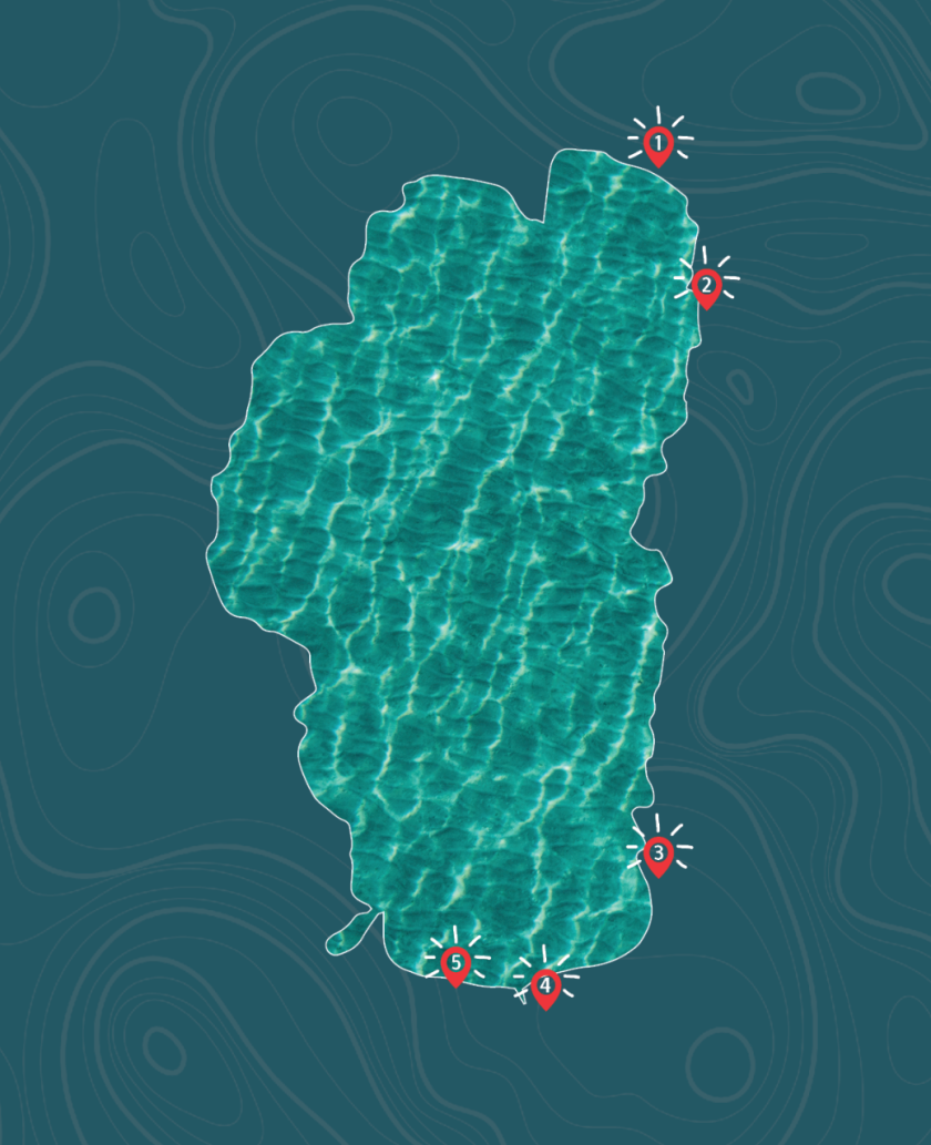 Map with wavy patterns and red marked points on a blue background.