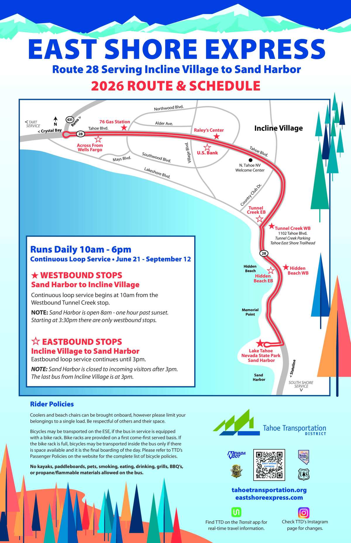 Infographic for East Shore Express Route 28 schedule and stops map.