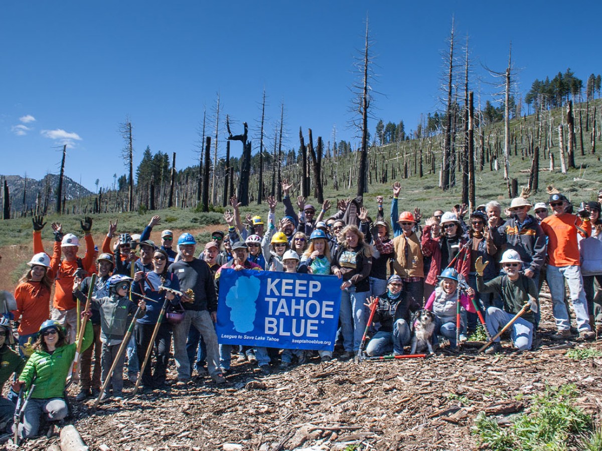 Group of volunteers holding tools and a 'Keep Tahoe Blue' sign in a forest clearing.