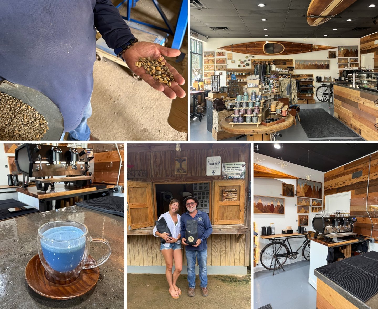 Collage: coffee beans, roasting, shop interior, blue drink, two people posing.