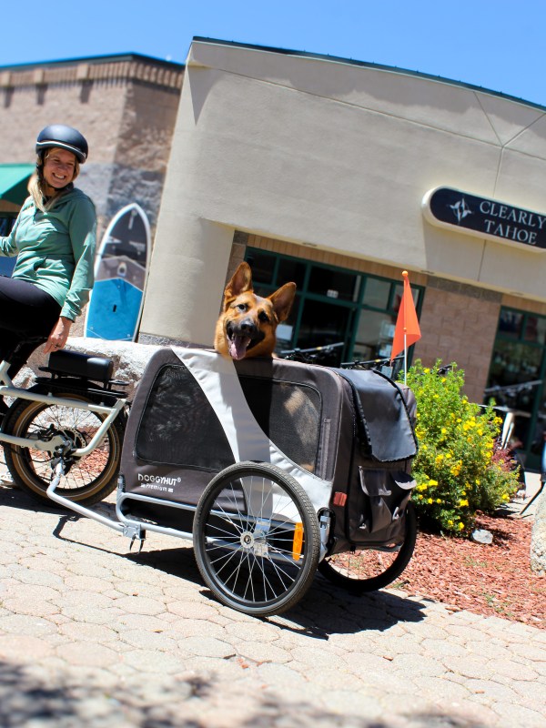 Woman biking with a dog in a trailer outside a shop.