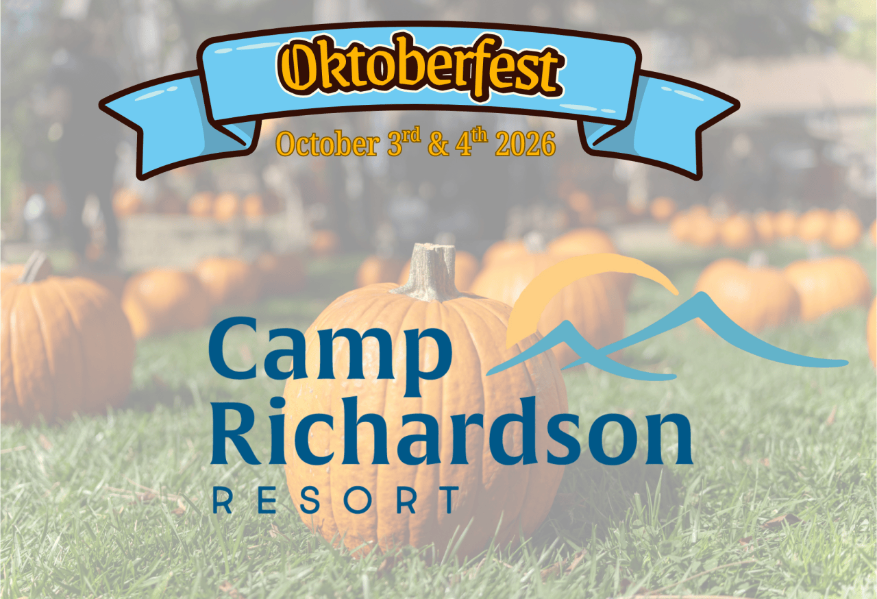 Pumpkins on grass with Oktoberfest and Camp Richardson Resort text.
